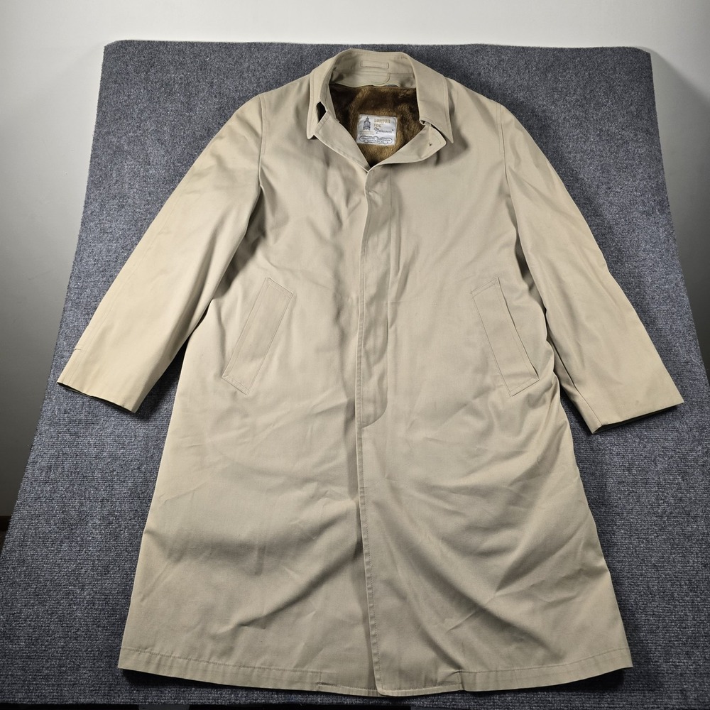 London Fog Maincoats Faux Fur Lined Trench Coat Beige 42 Long Vintage USA Made